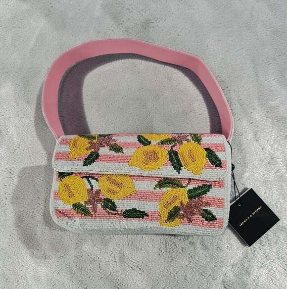 America & Beyond Handbags - America & Beyond Beaded Lemon Shoulder Bag in Pink, Yellow & White